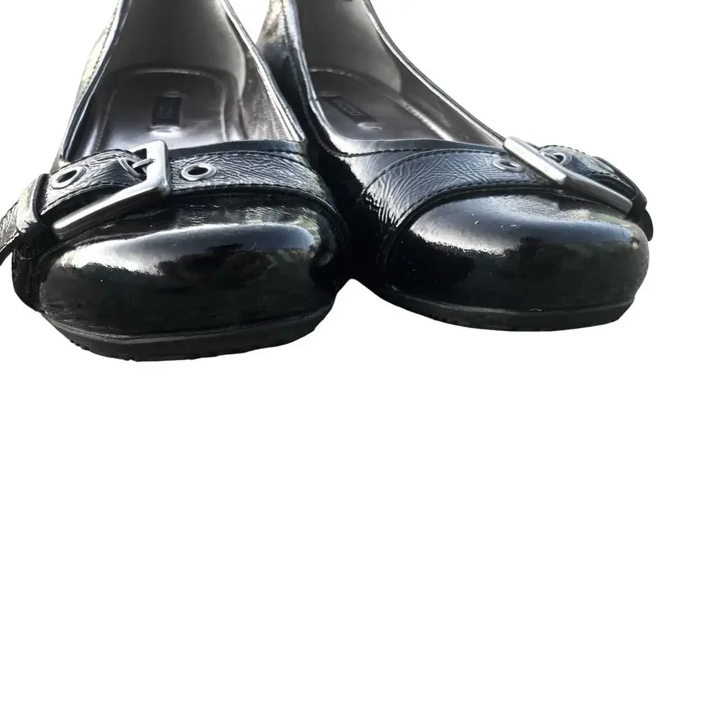 ECCO Black Patent Leather Buckle Ballet Flats Silver Hardware Low Wedge Y2K EUC